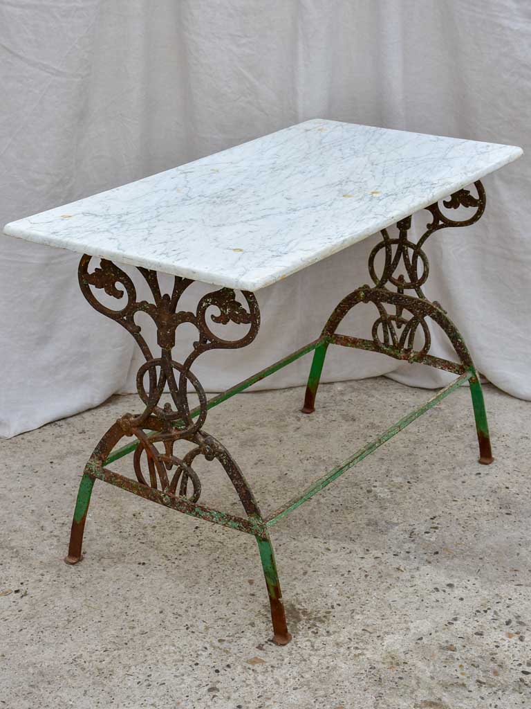Rectangular marble French garden table with pretty green wrought iron base