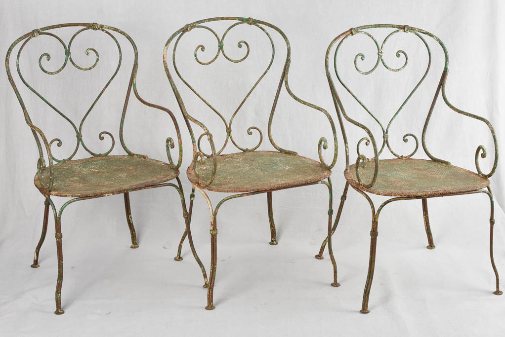 3 heart back garden armchairs with green patina