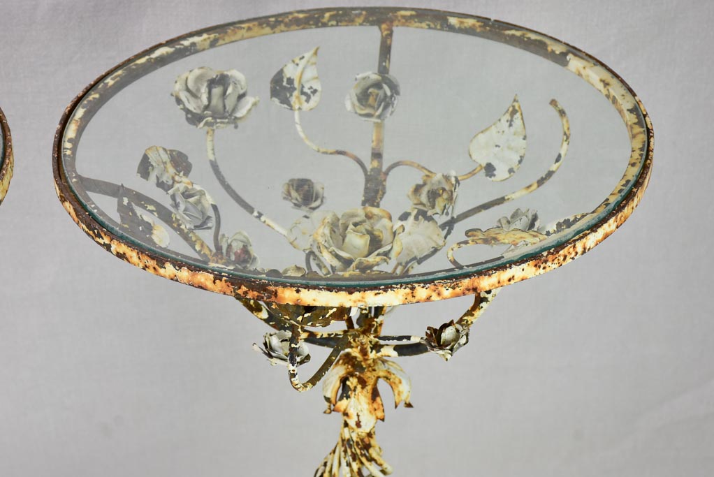 Pair of pretty weathered side tables with floral decoration and glass top