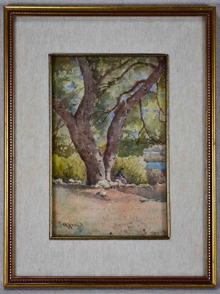 Lady sitting under a large tree by Marius Pauzat (1832-1909) watercolor 13" x 10¼"