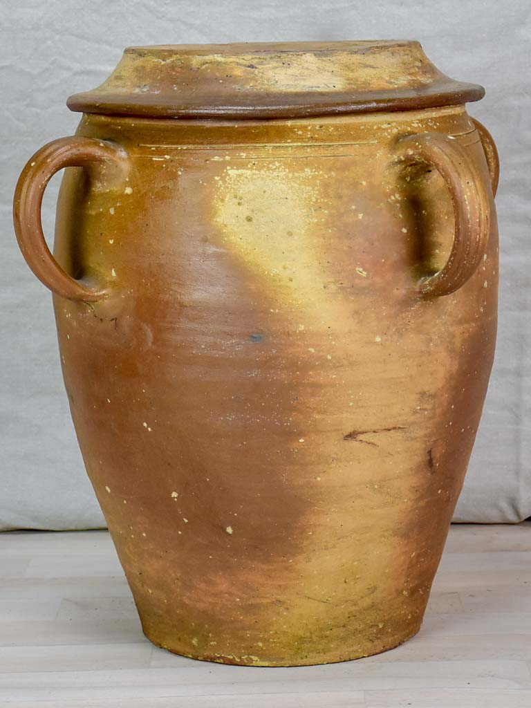 Large antique ceramic olive pot with four handles and lid 22"