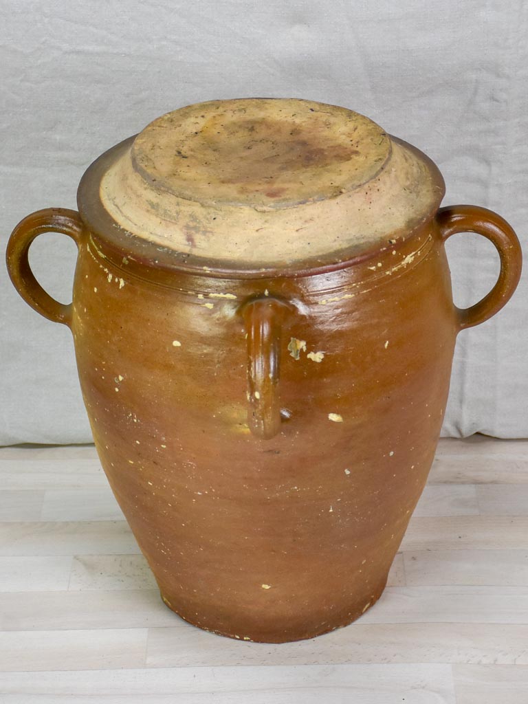 Large antique ceramic olive pot with four handles and lid 22"