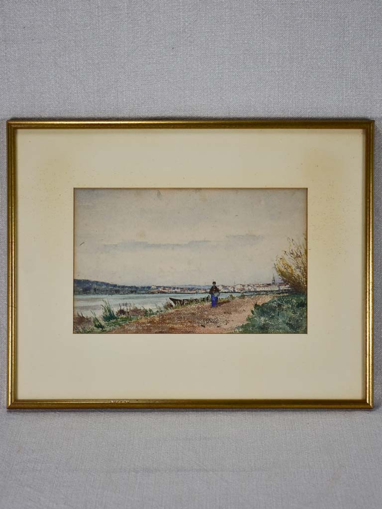 Lady walking by the sea - watercolor. Unsigned Marius Pauzat (1832-1909) 11½" x 14½"