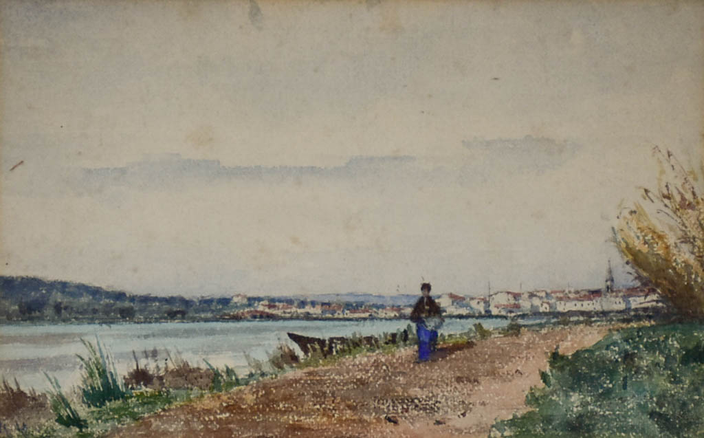 Lady walking by the sea - watercolor. Unsigned Marius Pauzat (1832-1909) 11½" x 14½"