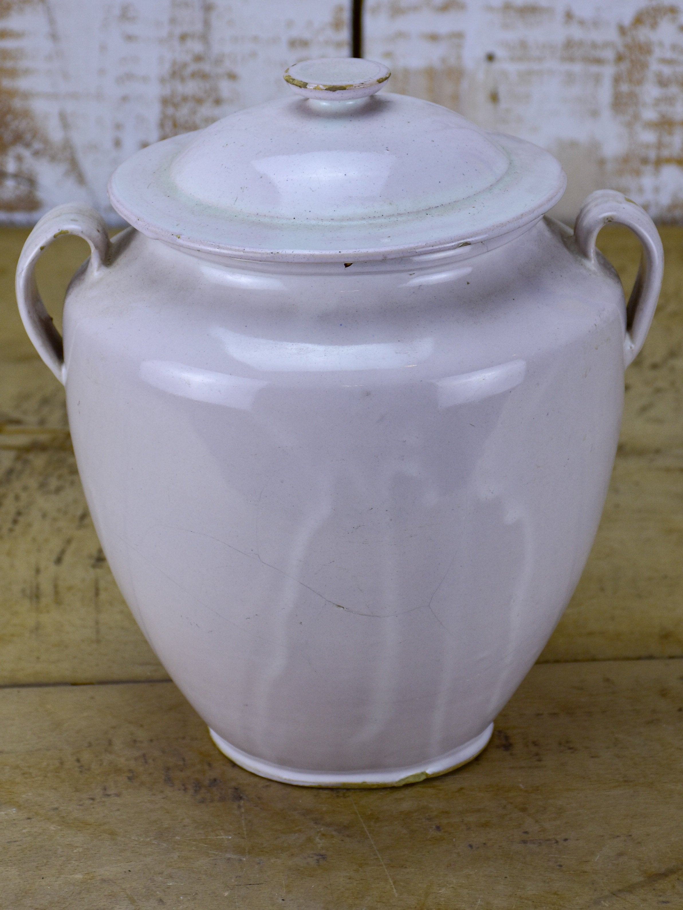 Antique French confit pot with lid and white glaze