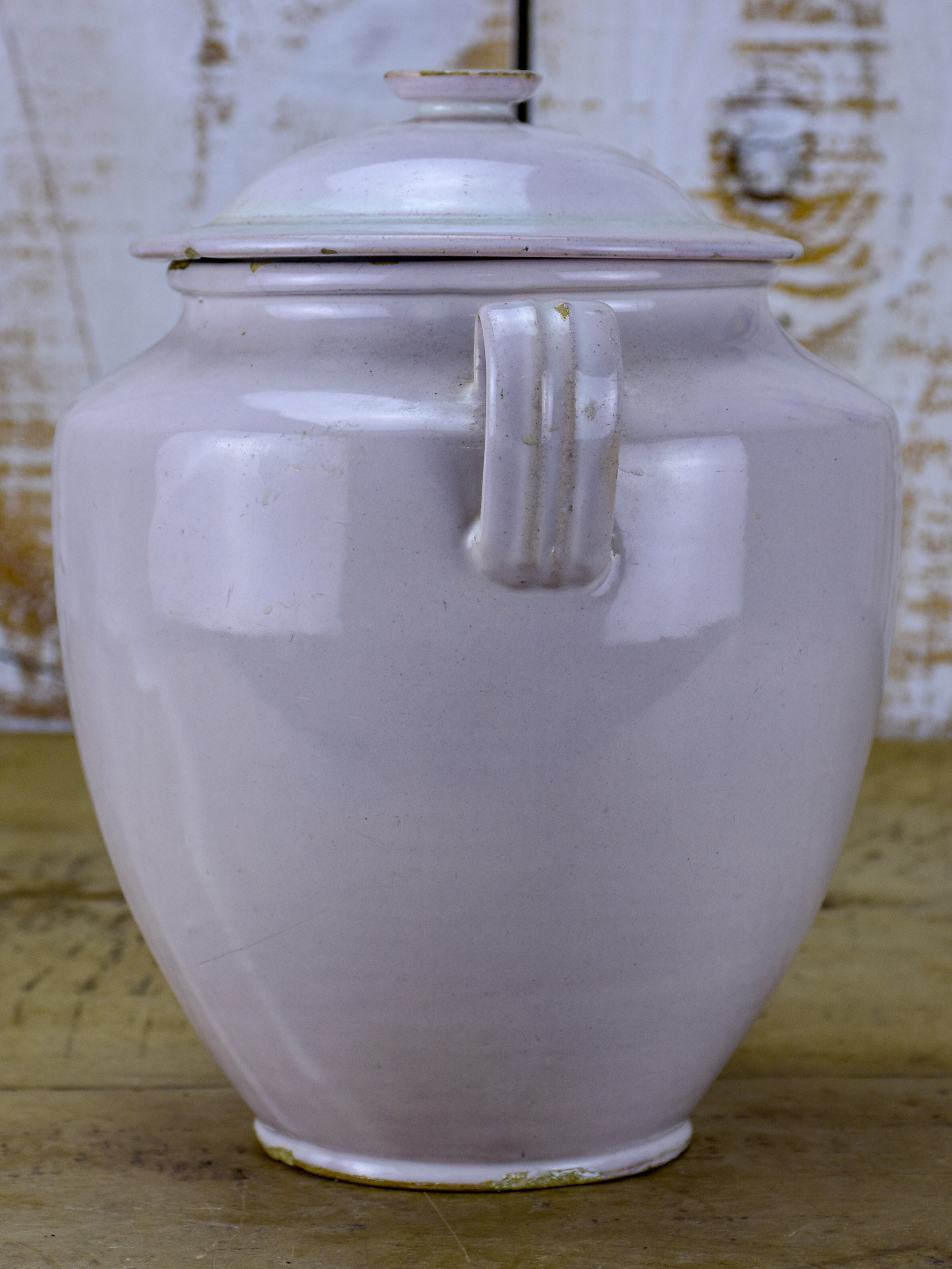 Antique French confit pot with lid and white glaze