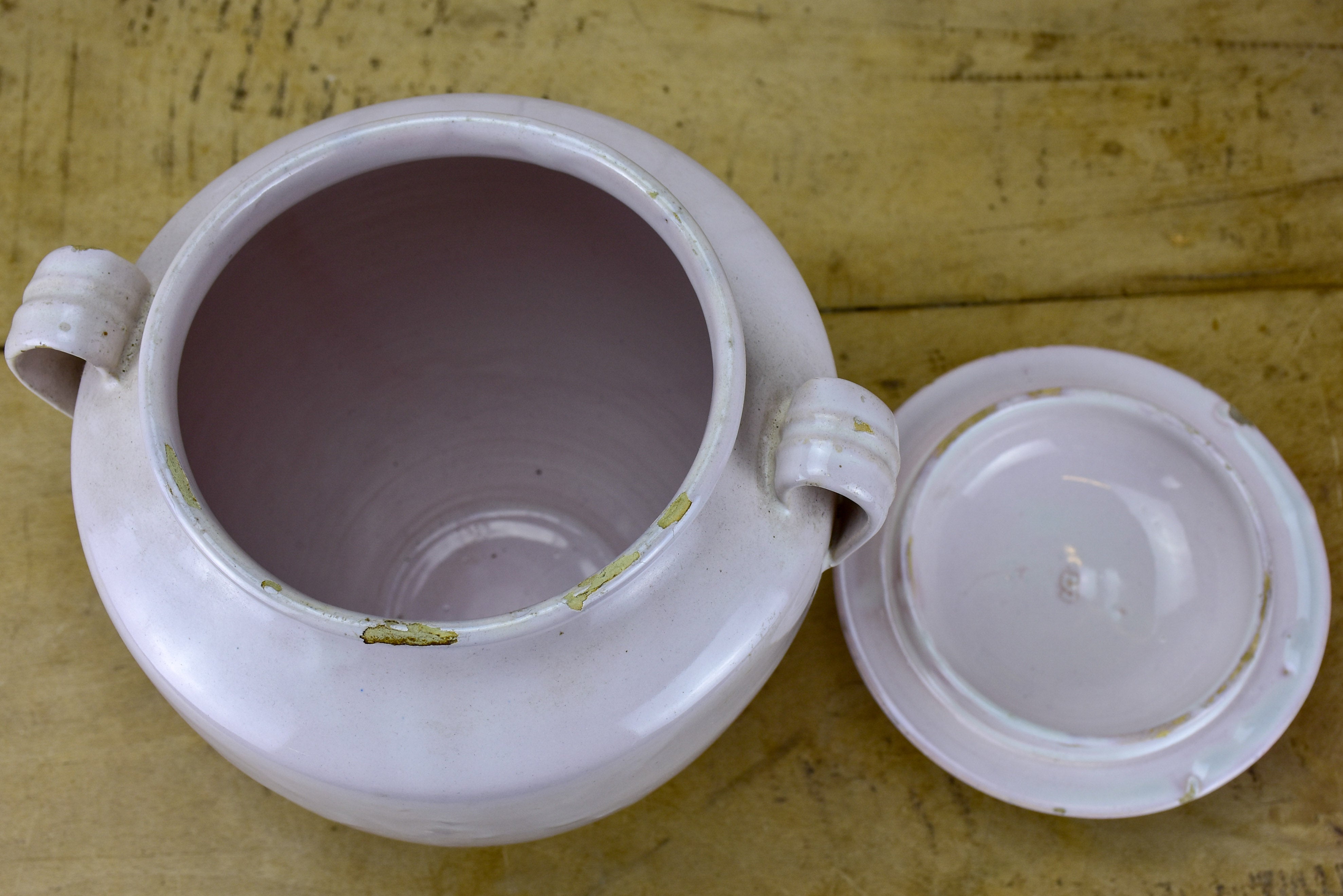 Antique French confit pot with lid and white glaze