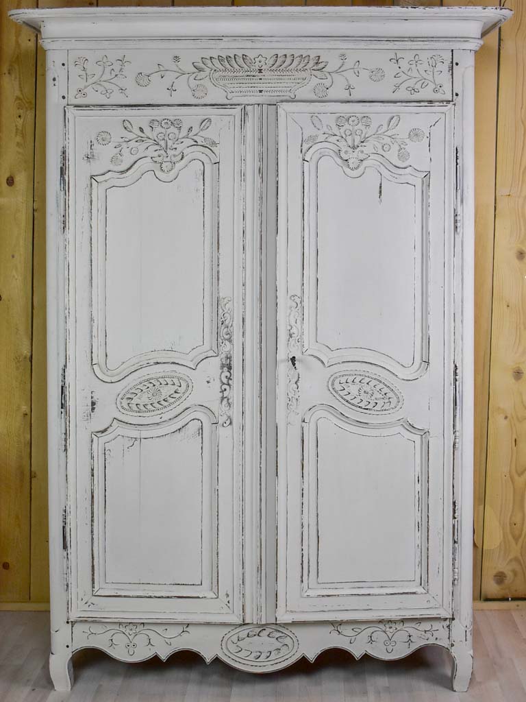 Antique French marriage armoire with white patina