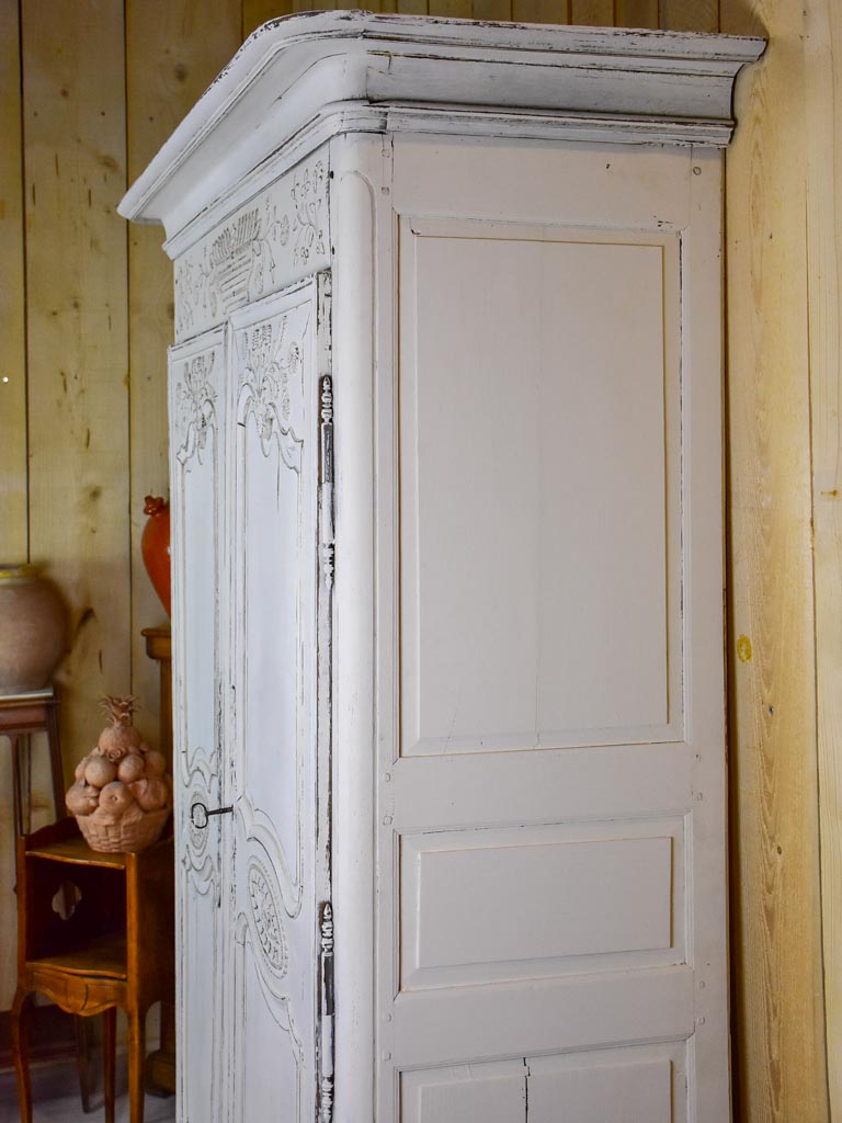 Antique French marriage armoire with white patina