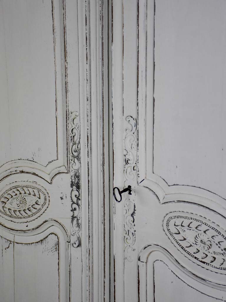 Antique French marriage armoire with white patina