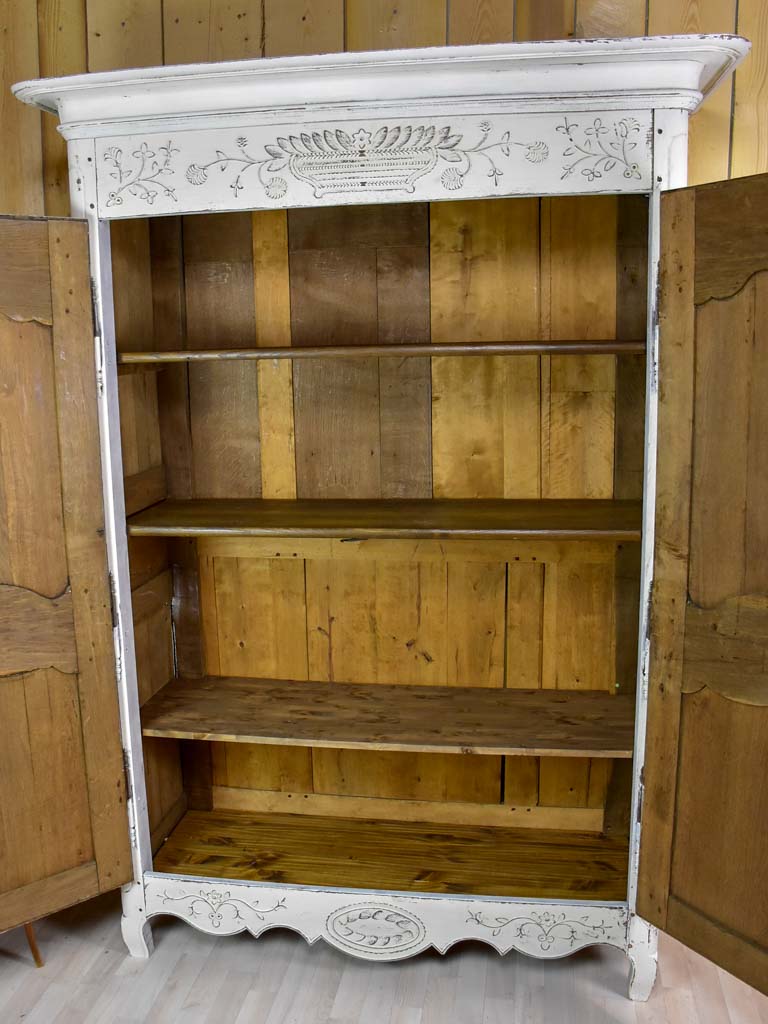 Antique French marriage armoire with white patina