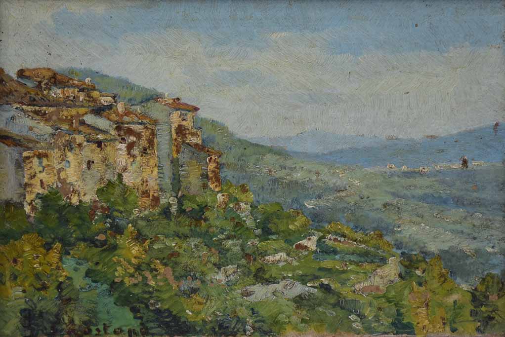 Small vintage French painting of a hilltop village and the countryside