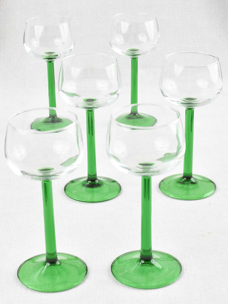 Vintage Etched with Green Stemmed Wine Glasses, Set of 6, Vintage