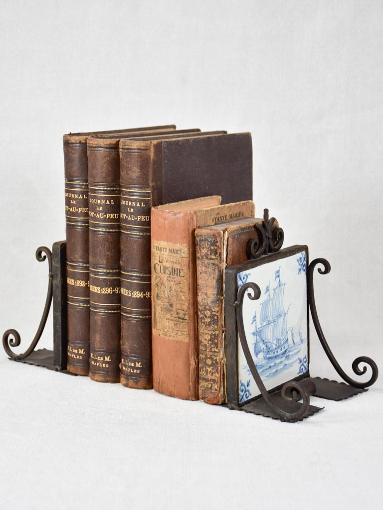 Salvaged Deflt tile and wrought iron bookends