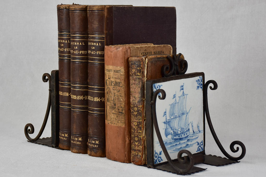 Salvaged Deflt tile and wrought iron bookends