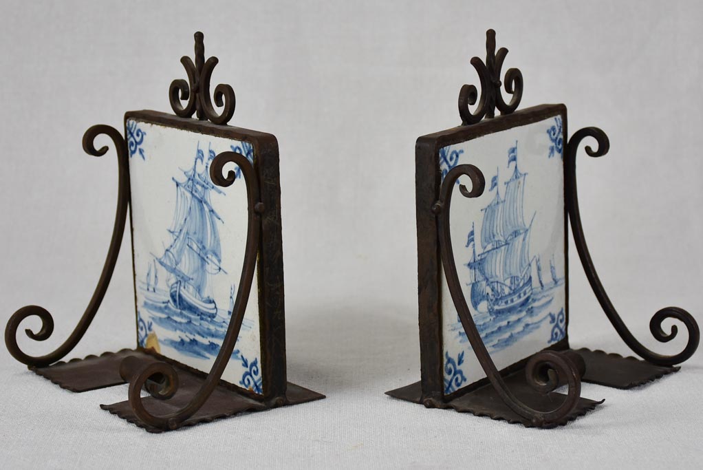 Salvaged Deflt tile and wrought iron bookends