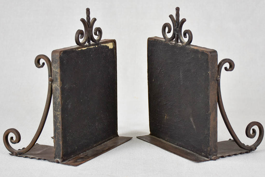 Salvaged Deflt tile and wrought iron bookends