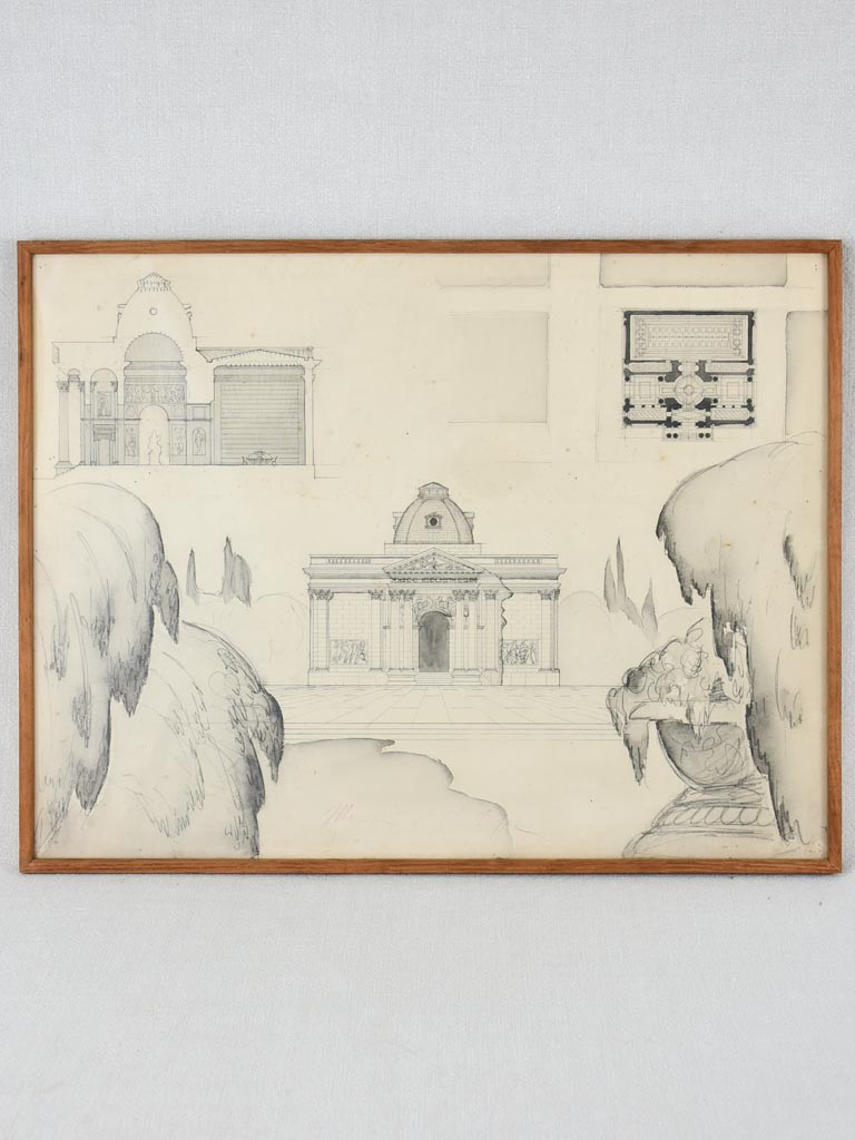 Antique architectural drawing - pencil, ink and watercolor 3/5 19¾ x 2