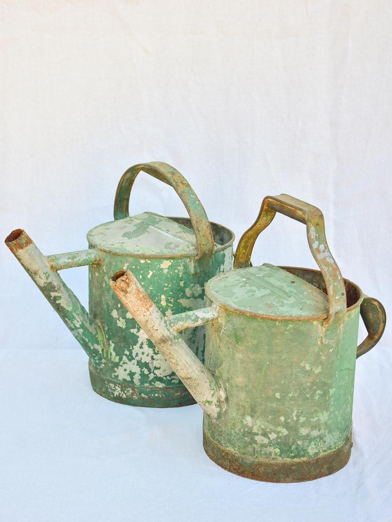 RESERVED MA Two antique French watering cans with green patina