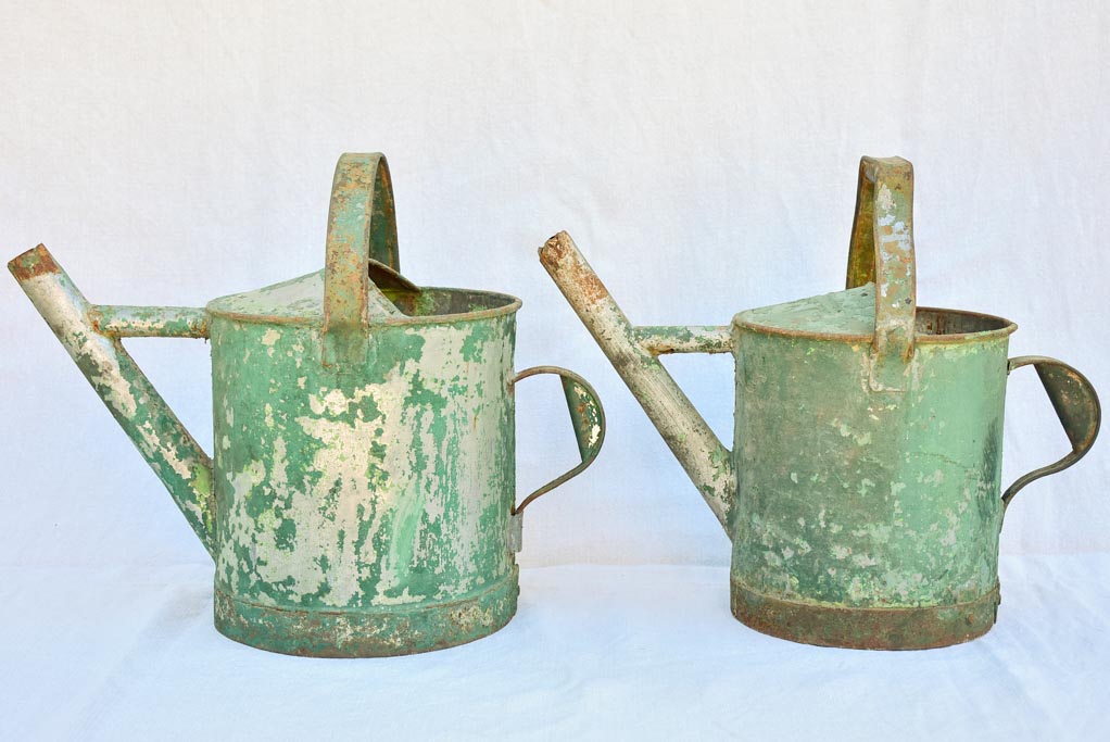 RESERVED MA Two antique French watering cans with green patina