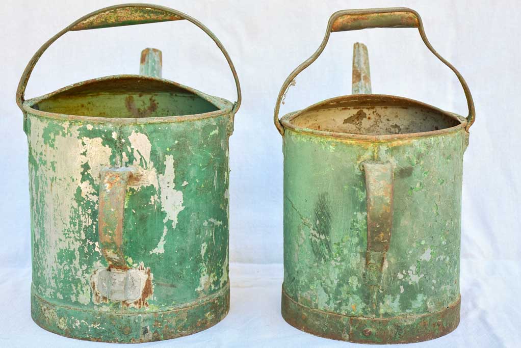 RESERVED MA Two antique French watering cans with green patina