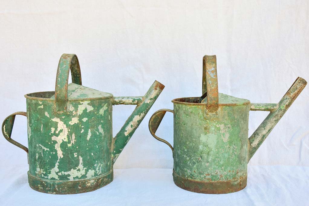 RESERVED MA Two antique French watering cans with green patina