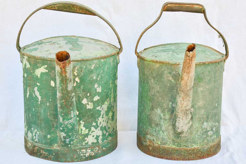 RESERVED MA Two antique French watering cans with green patina
