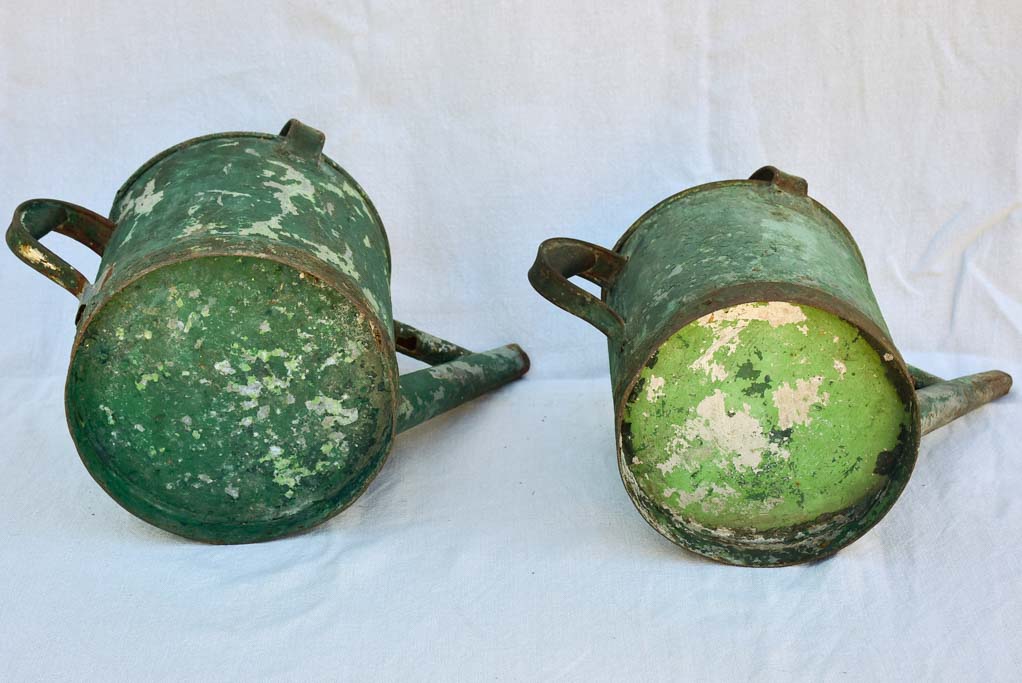 RESERVED MA Two antique French watering cans with green patina