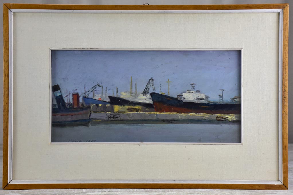 Vintage painting of boats in a harbor, framed signed and dated 15 x 22¾""