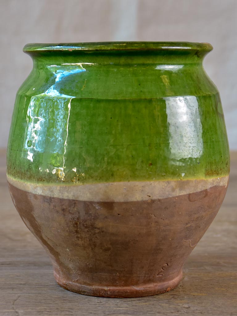 Antique French confit pot with green glaze 6¼"