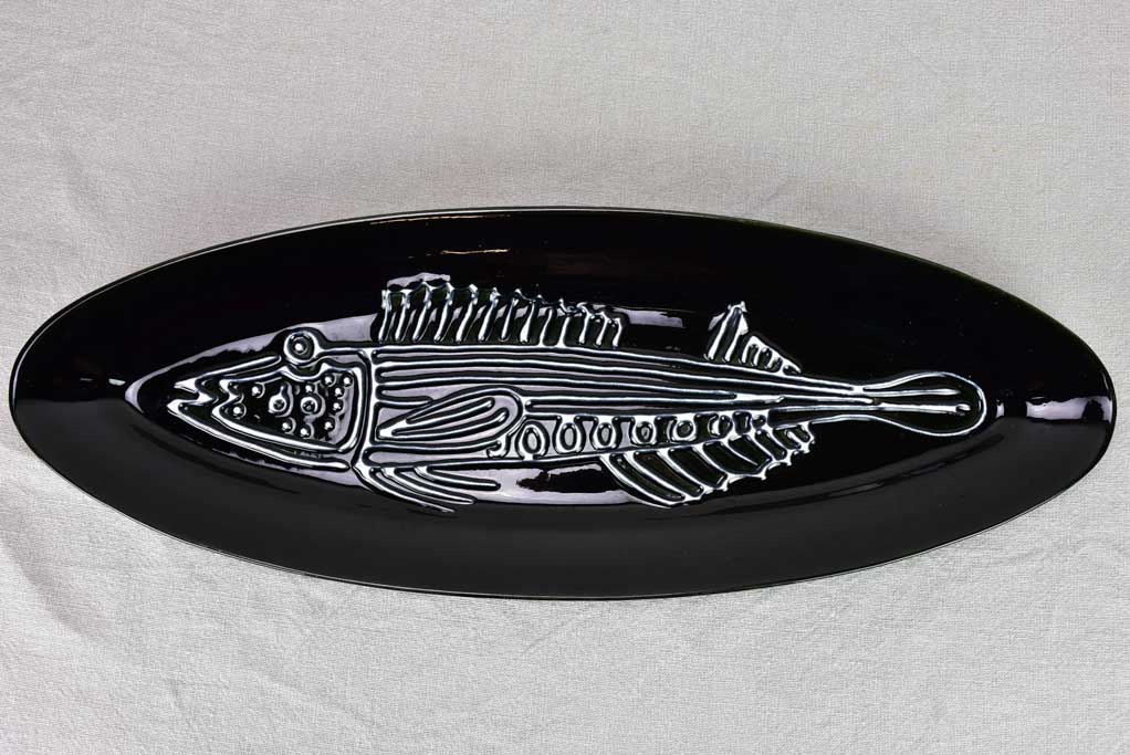 Stunning large black and white fish platter with six plates - Robert Picault for Longchamp 24½"