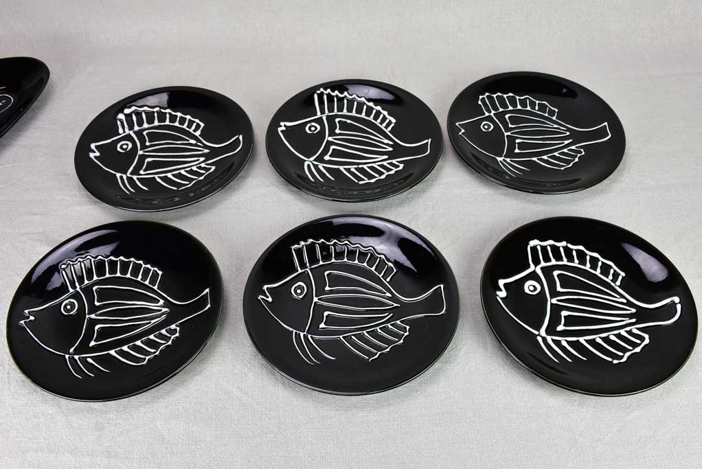 Stunning large black and white fish platter with six plates - Robert Picault for Longchamp 24½"