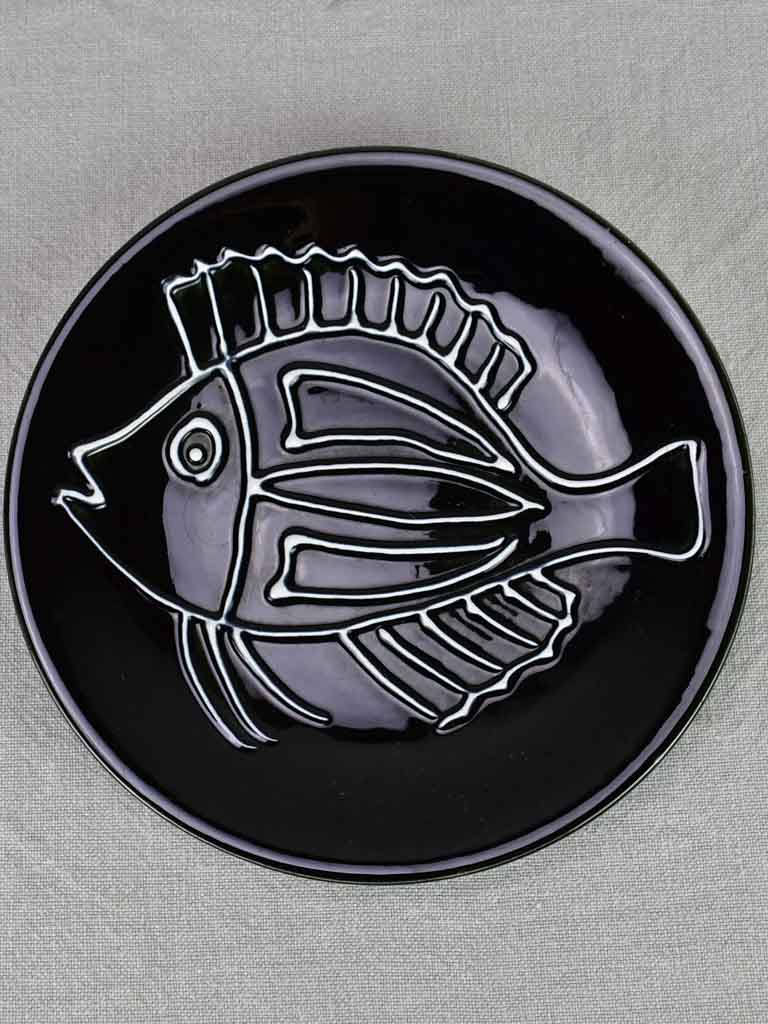 Stunning large black and white fish platter with six plates - Robert Picault for Longchamp 24½"