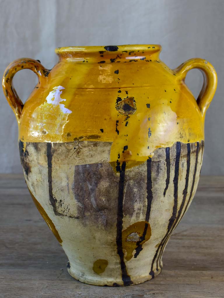 Antique French confit pot with orange glaze 11"