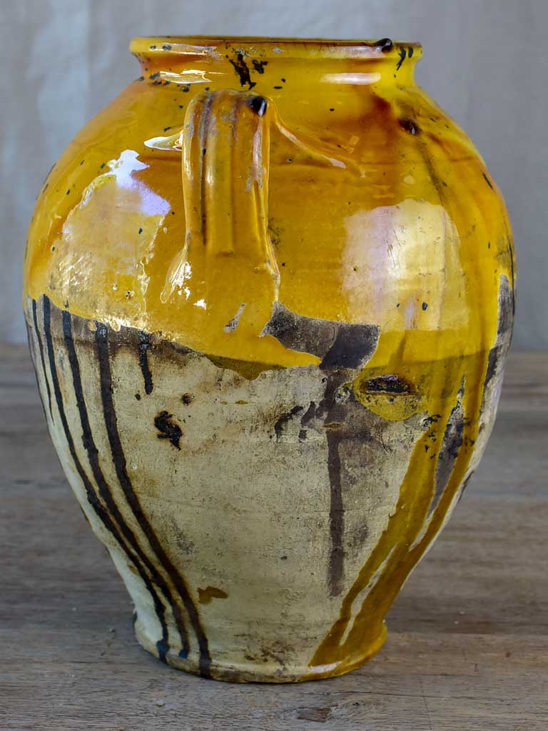 Antique French confit pot with orange glaze 11"