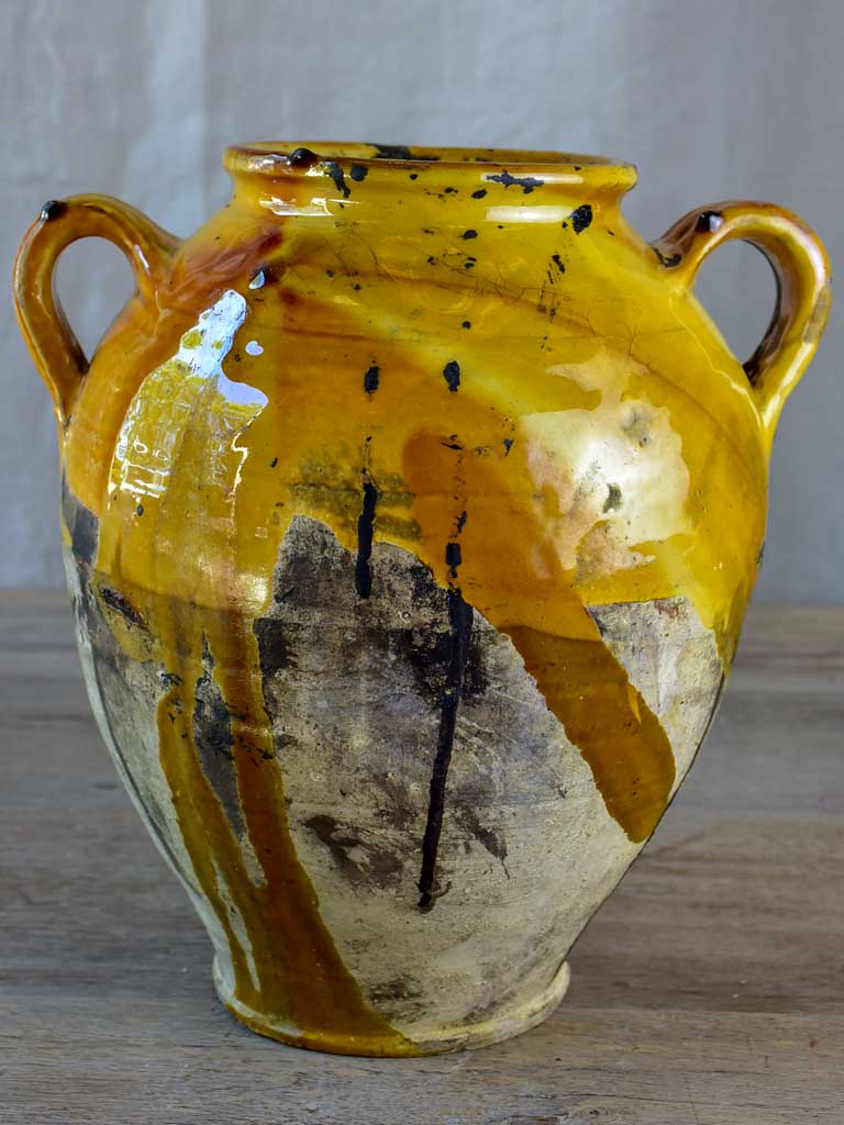 Antique French confit pot with orange glaze 11"