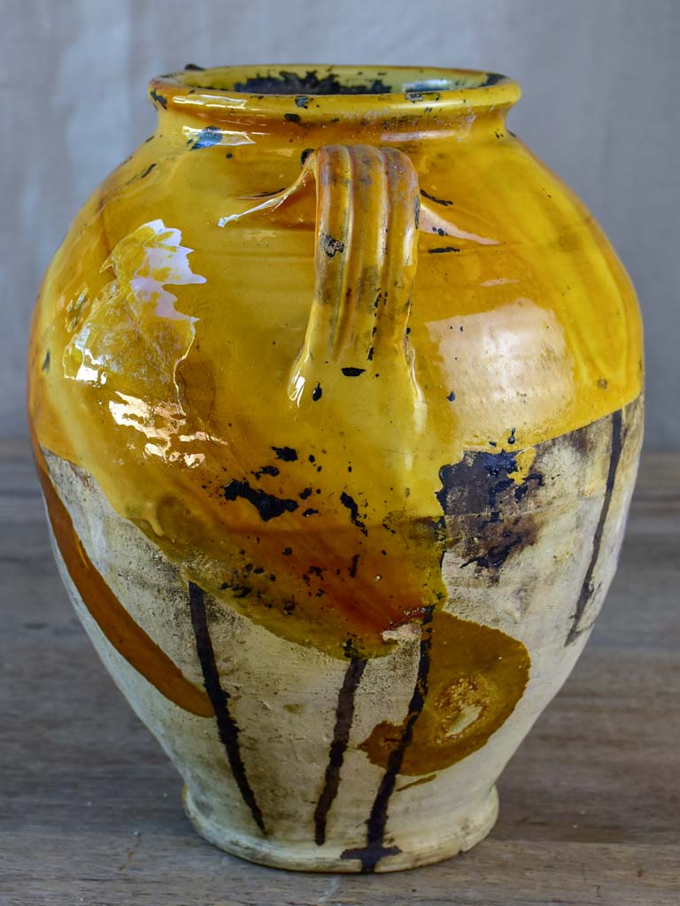 Antique French confit pot with orange glaze 11"