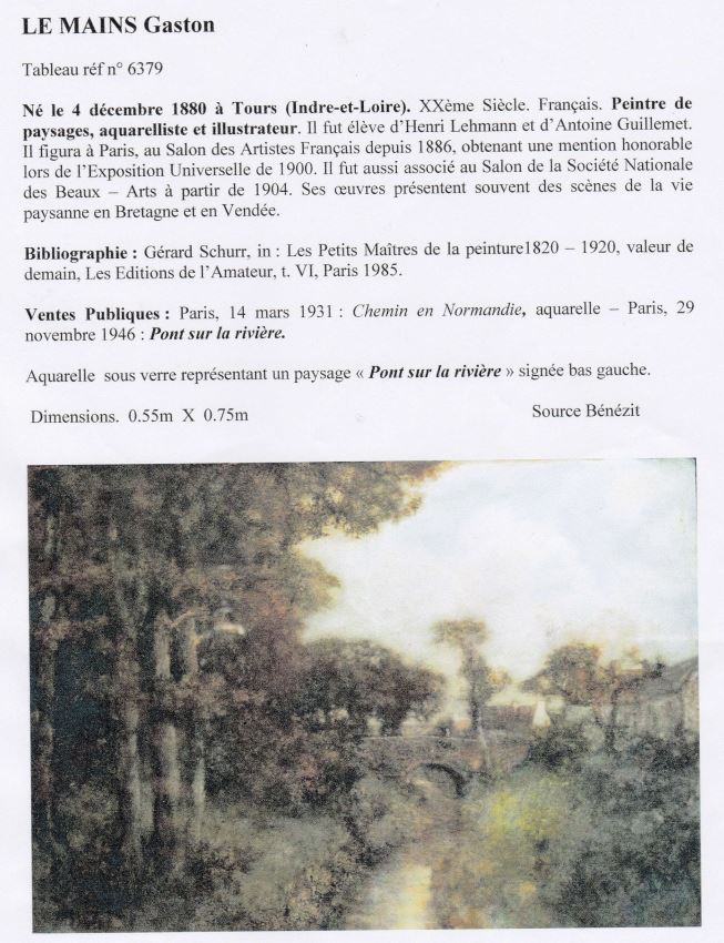 Antique watercolor landscape Gaston Le Mains (1860-1829) 28¼" x 36¼"