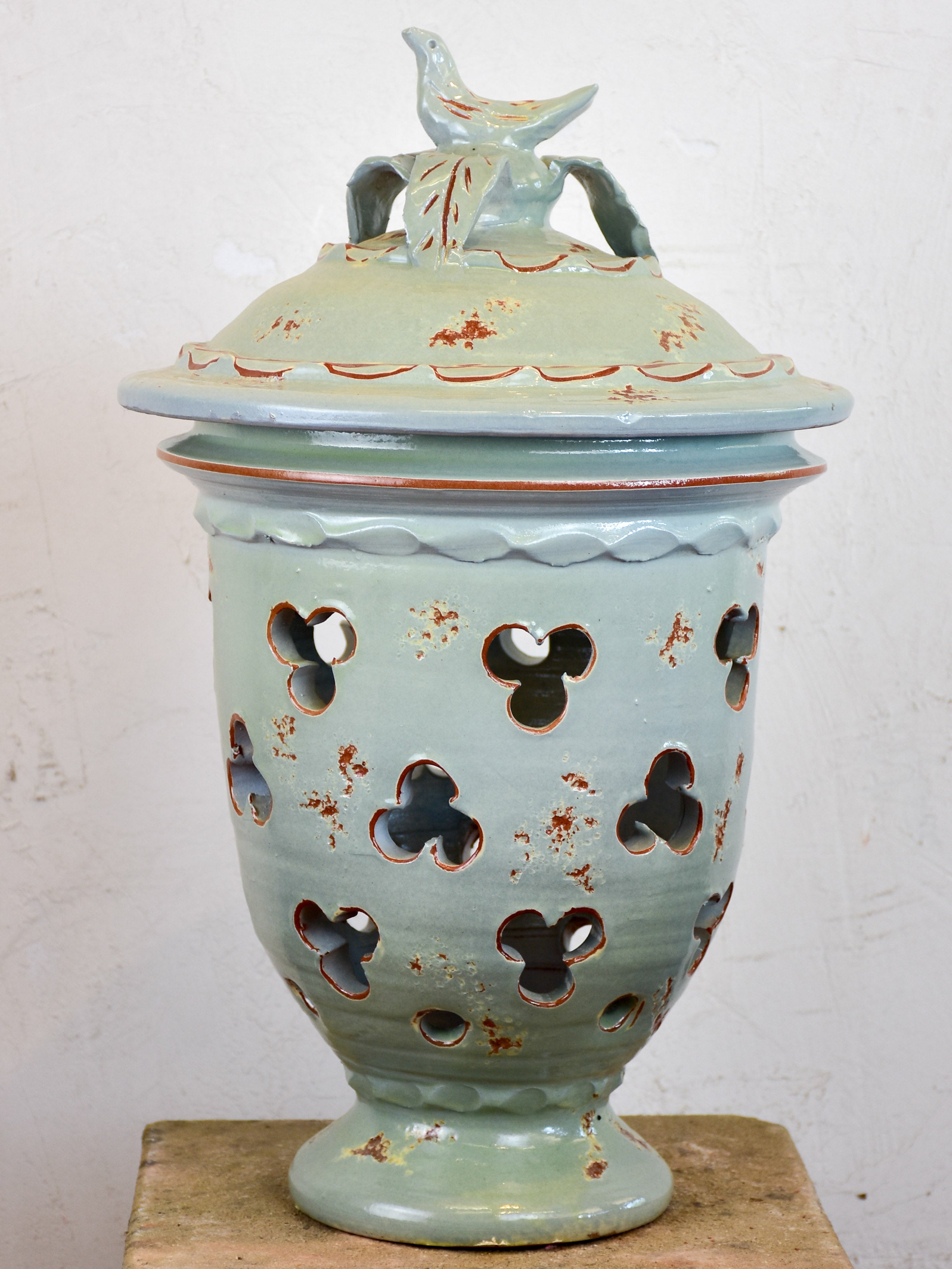 Hand made French lanterns and candle holders - celadon finish