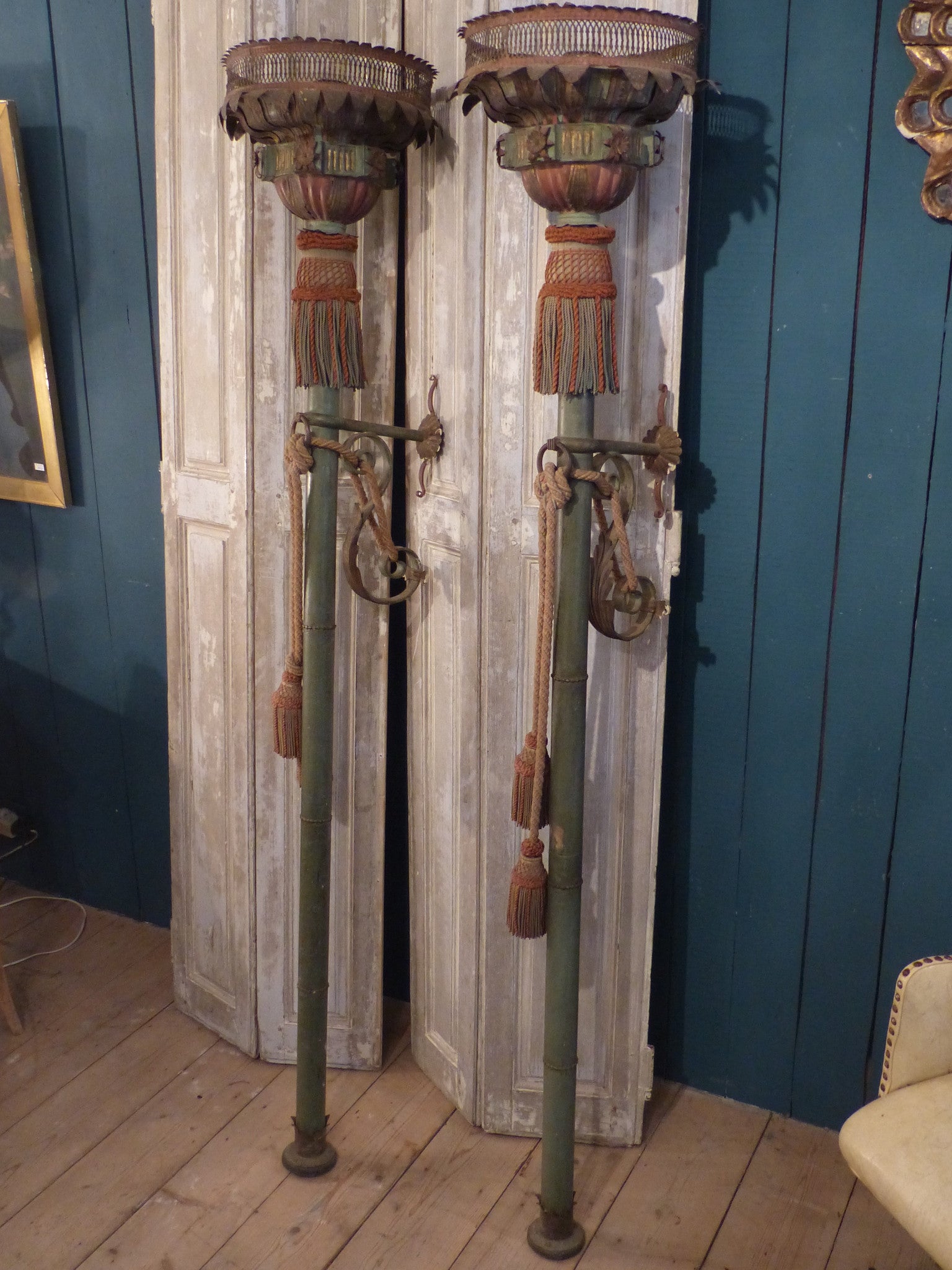 Pair of Italian Processional lanterns with original passementerie tassles