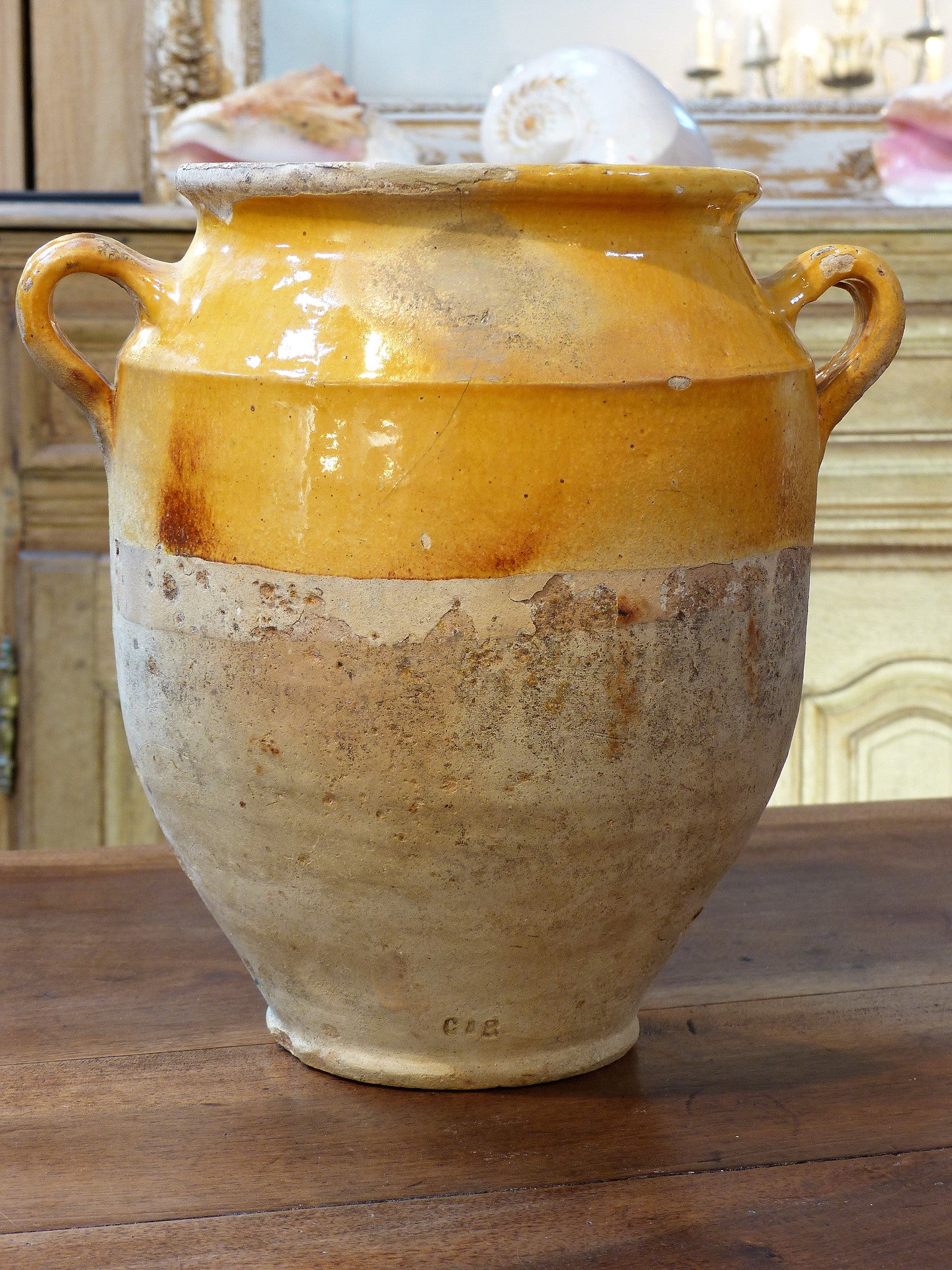Confit pot, orange glaze 11¾", 19th-century
