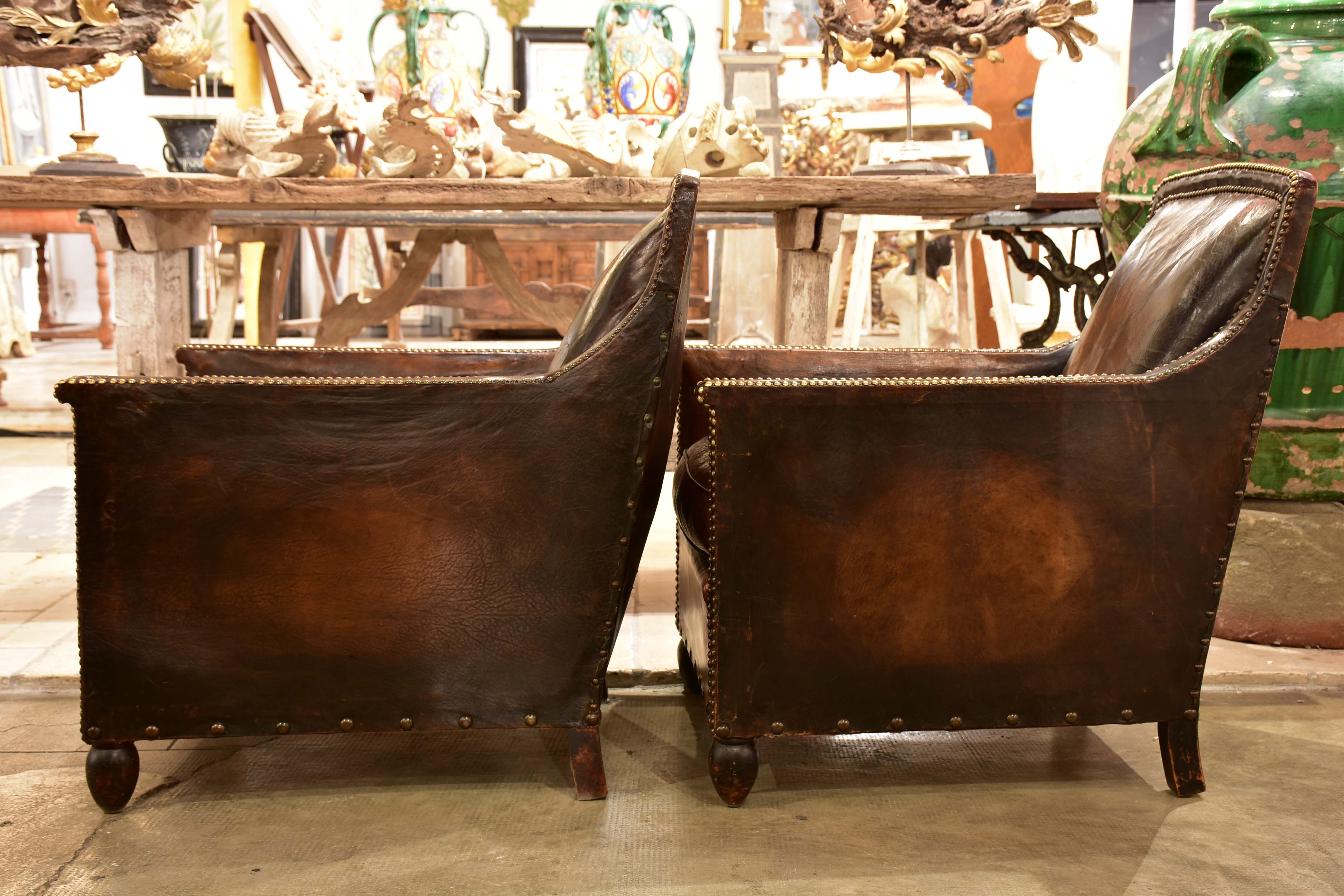 Pair of 1920’s French club chairs with dark leather