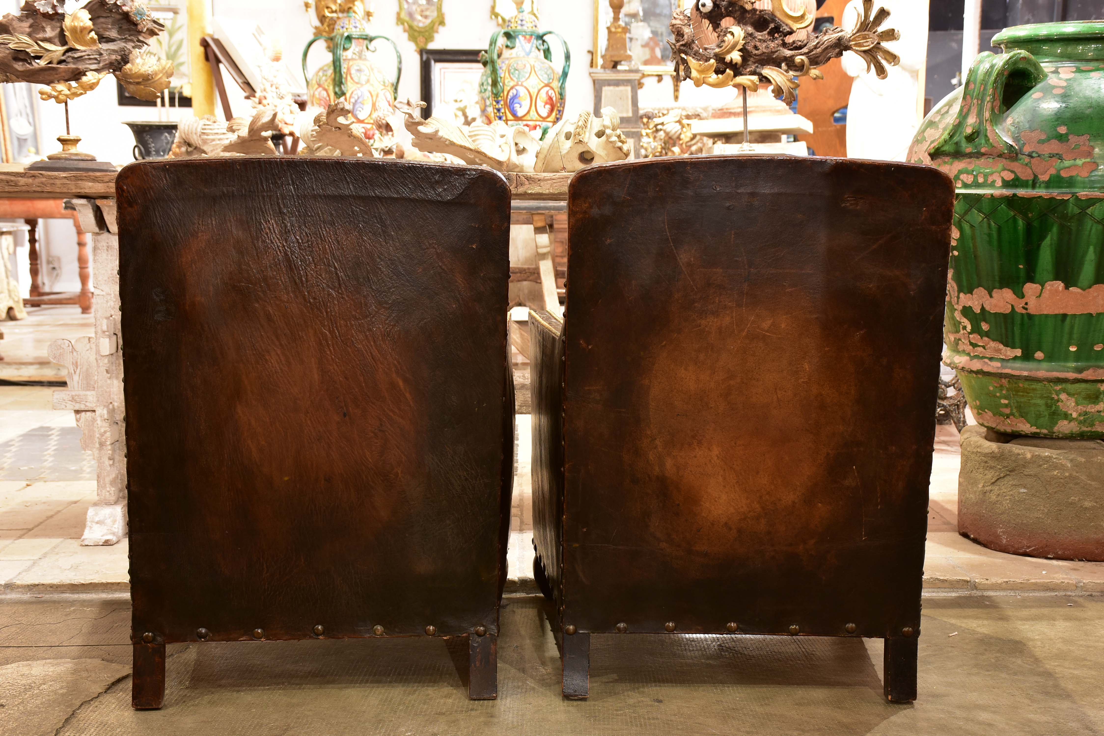 Pair of 1920’s French club chairs with dark leather