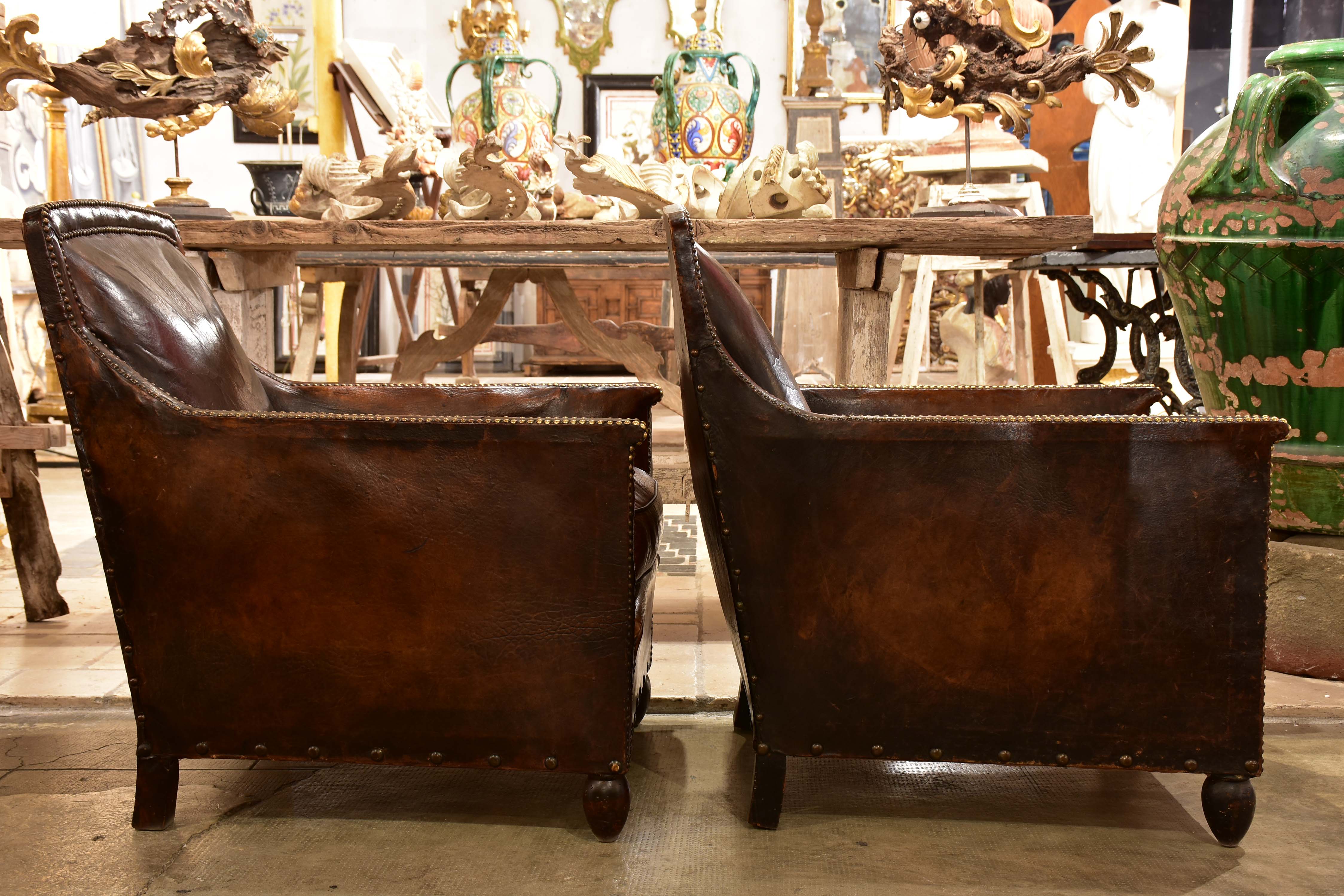 Pair of 1920’s French club chairs with dark leather