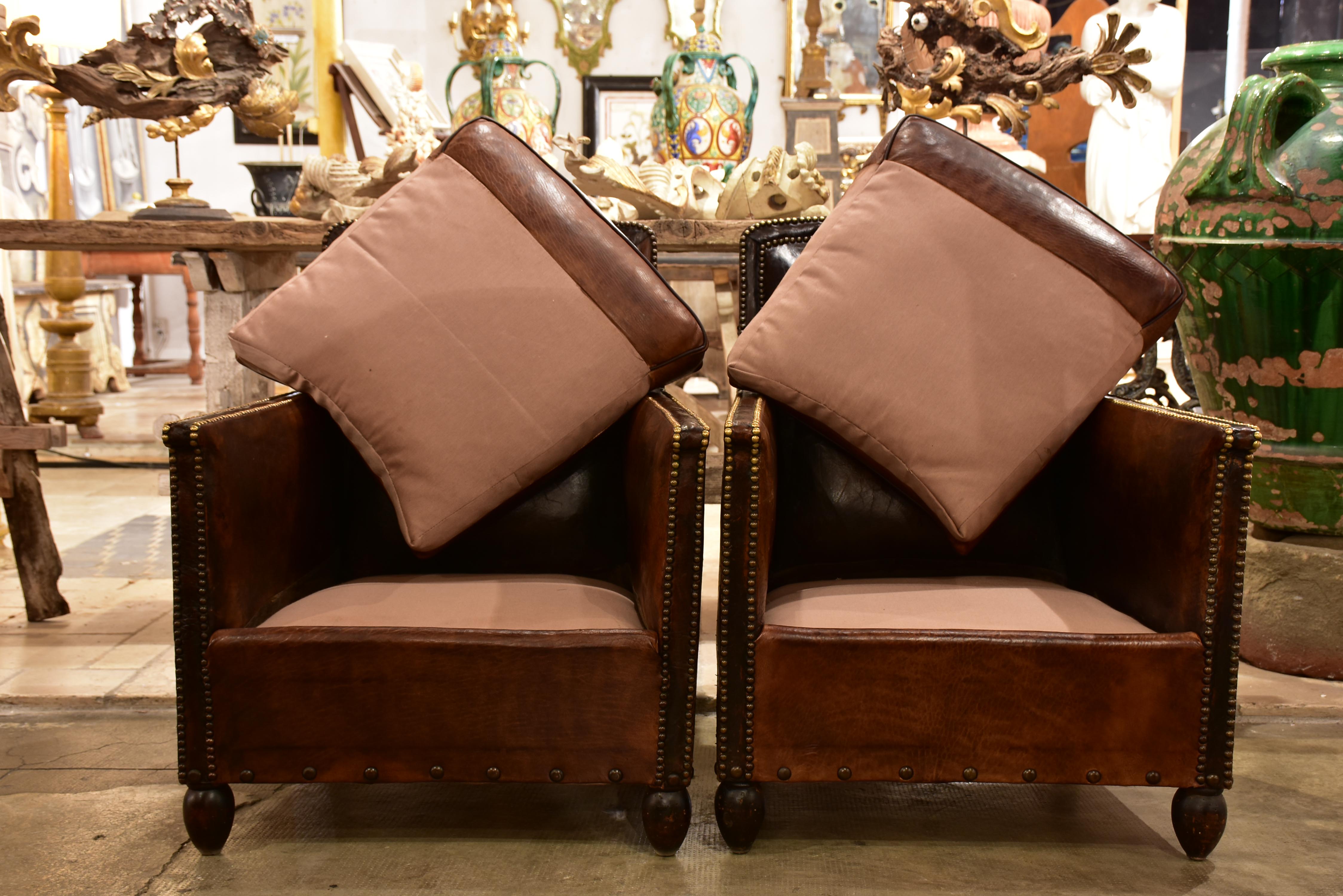 Pair of 1920’s French club chairs with dark leather