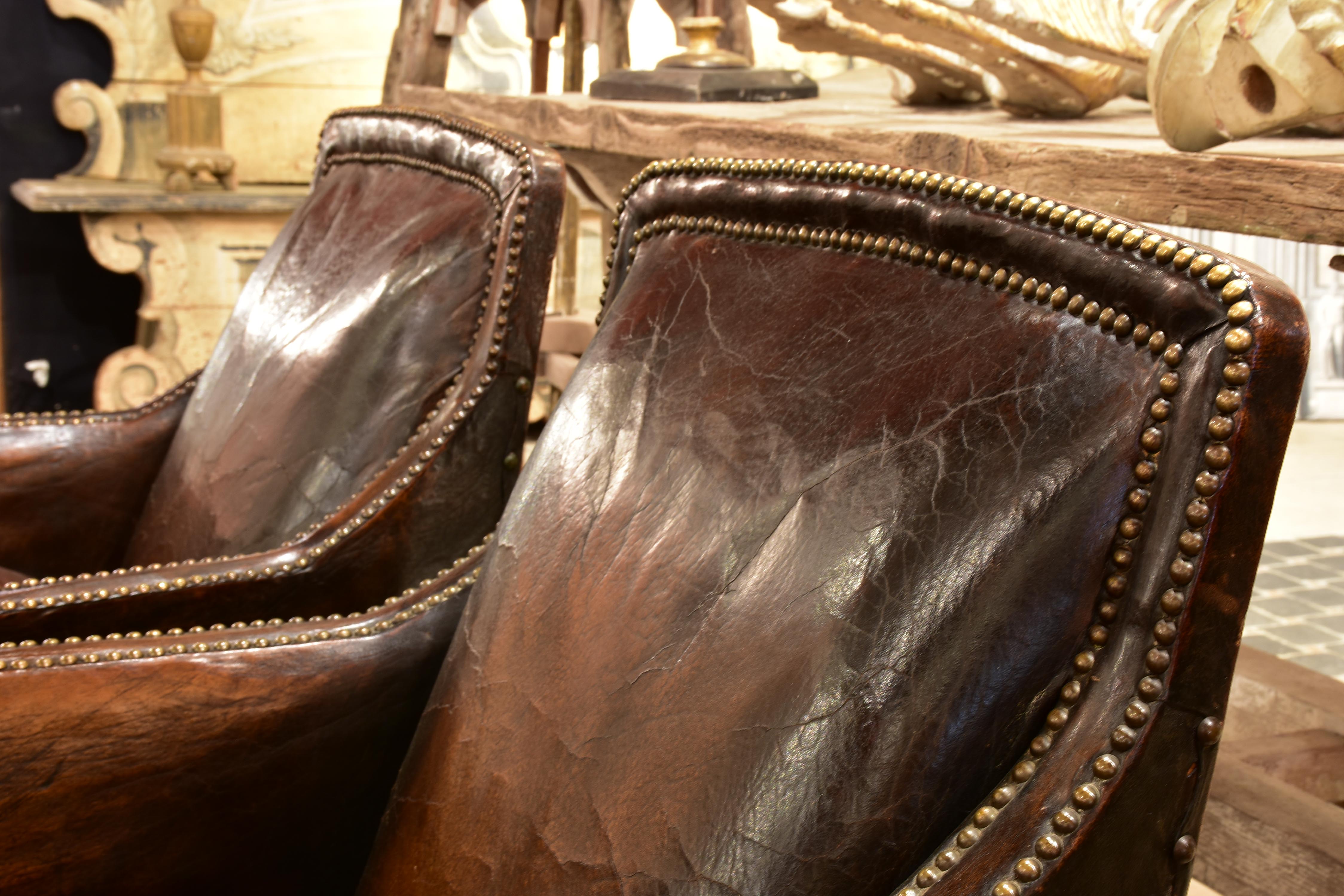 Pair of 1920’s French club chairs with dark leather