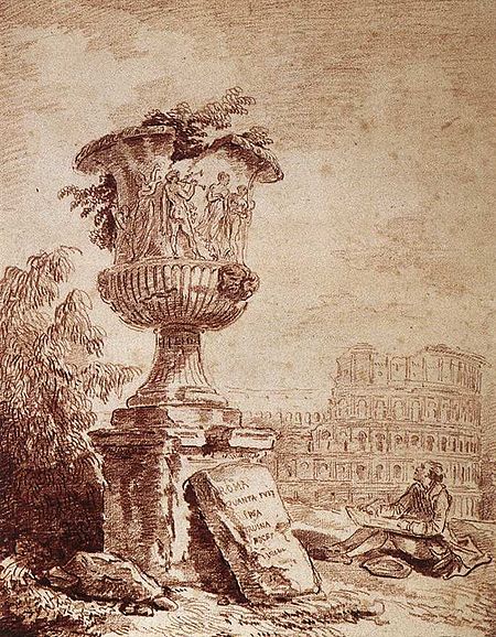 Medici urns are modeled off the famous Borghese and Medici Vases from classical antiquity. This beautiful chalk drawing was crafted by Hubert Robert, an French 18th-century painter
