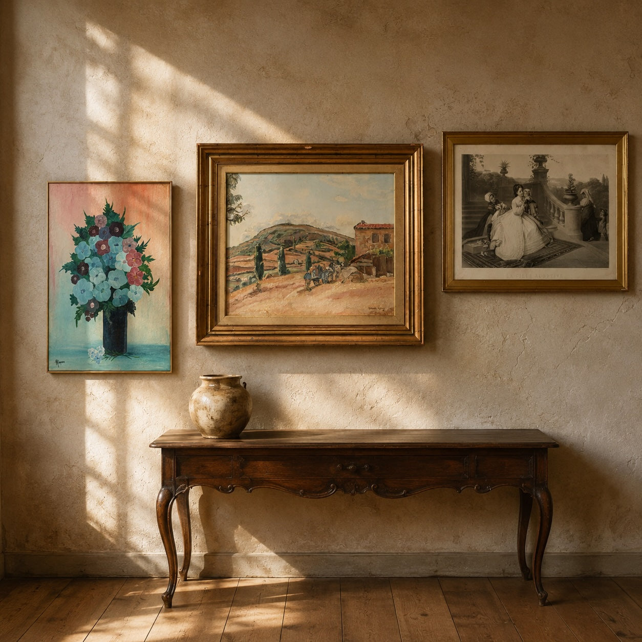 French antique paintings and 19th-century print gallery wall in a Provençal interior with gilt frames and antique console table