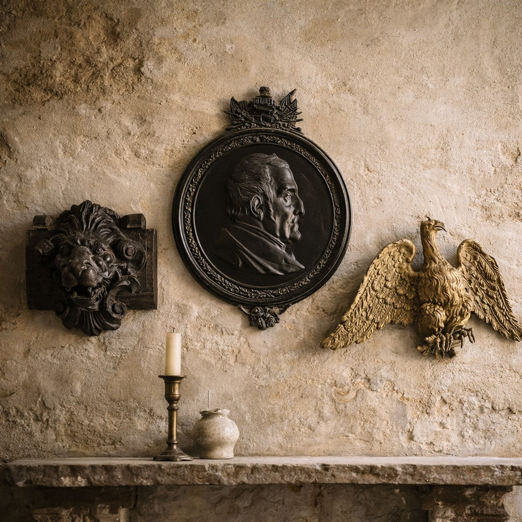 Antique French wall sculptures on an aged plaster wall with a central portrait medallion and carved animal mounts