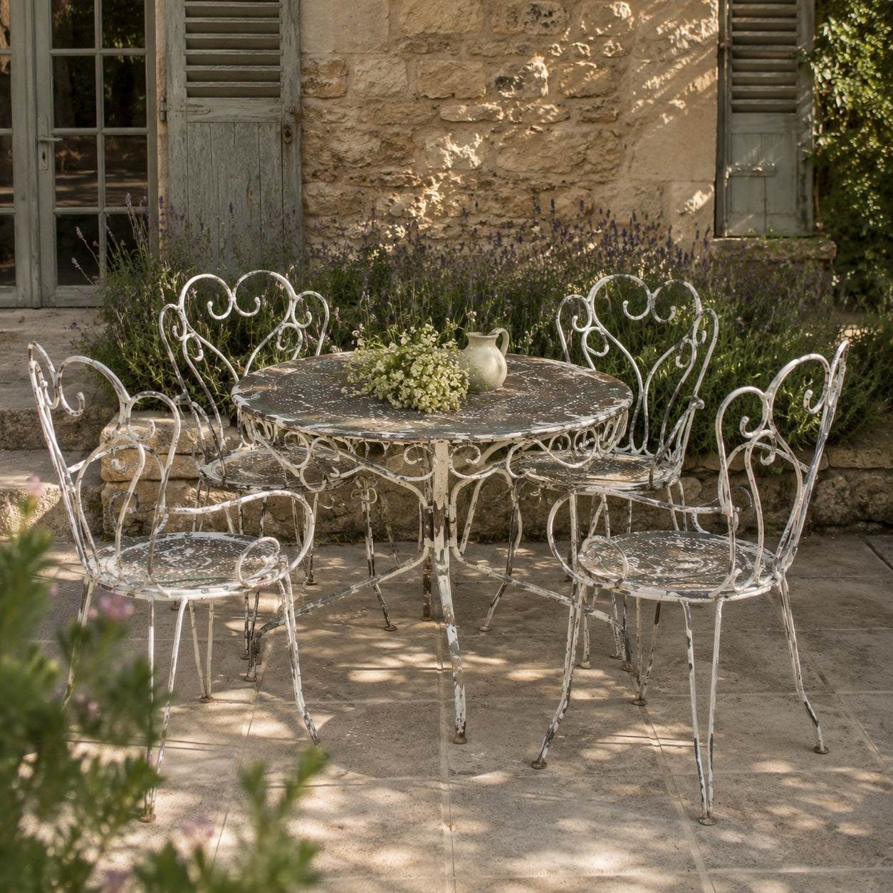 Antique French wrought iron garden dining set on a Provençal terrace with lavender and rustic shutters